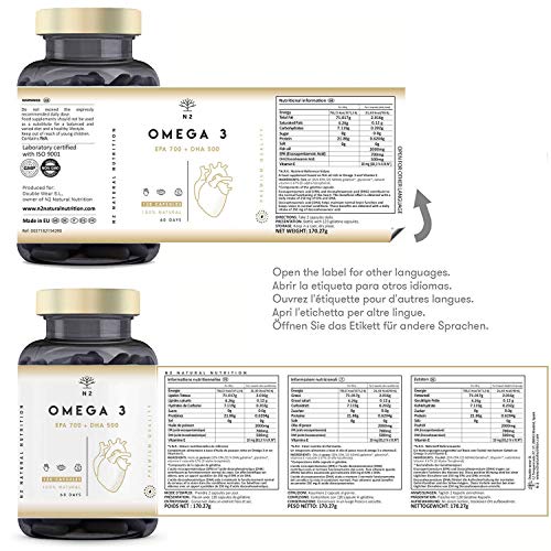 Omega 3 2000mg, 700mg EPA, 500mg DHA. Aceite de Pescado, Vitamina E. Regula el Colesterol, Favorece la Vista, Corazón y Cerebro Saludables. Libre de Metales Pesados.120 Cápsulas. N2 Natural Nutrition