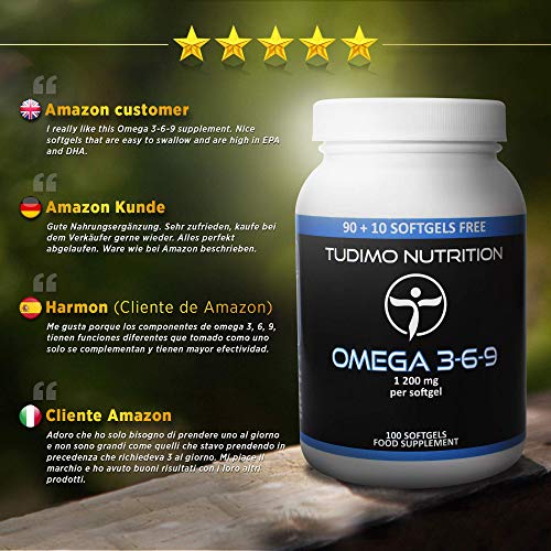 Omega 3-6-9 1200 mg 100 pzas (3+ Meses de provisión) de Cápsulas Softgel, cada una con 1200mg de Aceite de pescado, aceite de borraja y aceite de linaza, de Calidad Premium, de TUDIMO