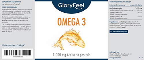 Omega 3 Aceite de Pescado - 400 Cápsulas de Alta Potencia (Suministro para 14 meses) - 1000mg por Cápsula - Con ácidos grasos Omega 3 EPA y DHA