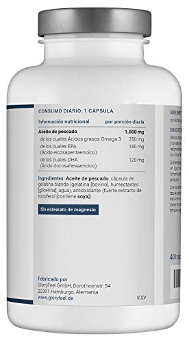 Omega 3 Aceite de Pescado - 400 Cápsulas de Alta Potencia (Suministro para 14 meses) - 1000mg por Cápsula - Con ácidos grasos Omega 3 EPA y DHA Omega 3 Aceite de Pescado - 400 Cápsulas de Alta Potencia (Suministro para 14 meses) - 1000mg por Cápsula - Con ácidos grasos Omega 3 EPA y DHA
