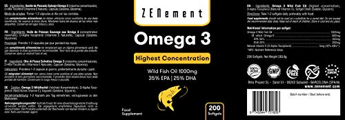 Omega-3 Aceite de Pescado Salvaje | 1000 mg x 200 Perlas | Máxima concentración: 35% EPA + 25% DHA | Favorece la salud cardiovascular, de las articulaciones, y la función cerebral | 100% Natural Omega-3 Aceite de Pescado Salvaje | 1000 mg x 200 Perlas | Máxima concentración: 35% EPA + 25% DHA | Favorece la salud cardiovascular, de las articulaciones, y la función cerebral | 100% Natural