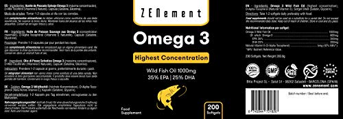 Omega-3 Aceite de Pescado Salvaje | 1000 mg x 200 Perlas | Máxima concentración: 35% EPA + 25% DHA | Favorece la salud cardiovascular, de las articulaciones, y la función cerebral | 100% Natural