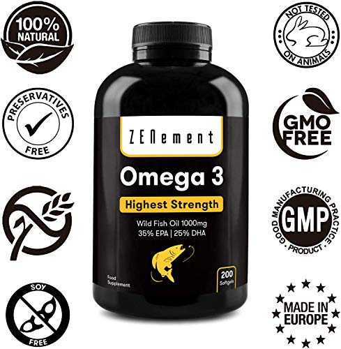 Omega-3 Aceite de Pescado Salvaje | 1000 mg x 200 Perlas | Máxima concentración: 35% EPA + 25% DHA | Favorece la salud cardiovascular, de las articulaciones, y la función cerebral | 100% Natural Omega-3 Aceite de Pescado Salvaje | 1000 mg x 200 Perlas | Máxima concentración: 35% EPA + 25% DHA | Favorece la salud cardiovascular, de las articulaciones, y la función cerebral | 100% Natural