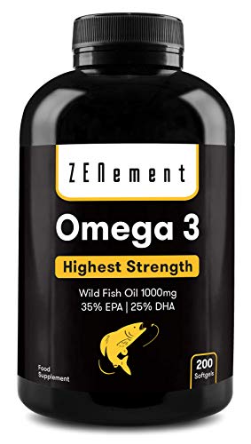Omega-3 Aceite de Pescado Salvaje | 1000 mg x 200 Perlas | Máxima concentración: 35% EPA + 25% DHA | Favorece la salud cardiovascular, de las articulaciones, y la función cerebral | 100% Natural Omega-3 Aceite de Pescado Salvaje | 1000 mg x 200 Perlas | Máxima concentración: 35% EPA + 25% DHA | Favorece la salud cardiovascular, de las articulaciones, y la función cerebral | 100% Natural