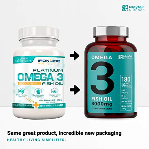 Omega 3 triple potencia con Aceite de Pescado| 3000mg, 990 EPA 660 DHA por porción | 180 Cápsulas Blandas Premium sin GMO y sin Glute | Hecho en UK por Iron Ore Health