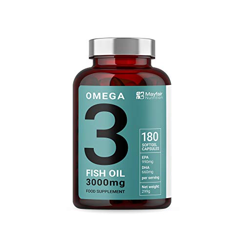 Omega 3 triple potencia con Aceite de Pescado| 3000mg, 990 EPA 660 DHA por porción | 180 Cápsulas Blandas Premium sin GMO y sin Glute | Hecho en UK por Iron Ore Health