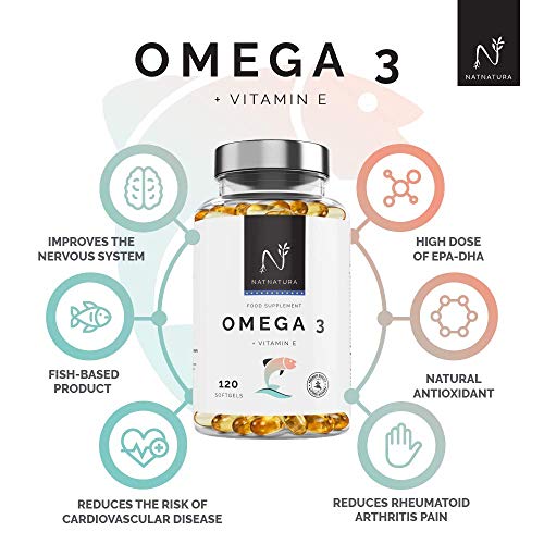 Omega 3+Vitamina E. Alta dosis de ácidos grasos Omega 3, 2000mg. Alta concentración de EPA–DHA. Efecto antiinflamatorio y antioxidante.Complemento alimenticio a base de aceite de pescado. 120 cápsulas