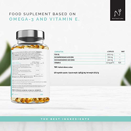 Omega 3+Vitamina E. Alta dosis de ácidos grasos Omega 3, 2000mg. Alta concentración de EPA–DHA. Efecto antiinflamatorio y antioxidante.Complemento alimenticio a base de aceite de pescado. 120 cápsulas