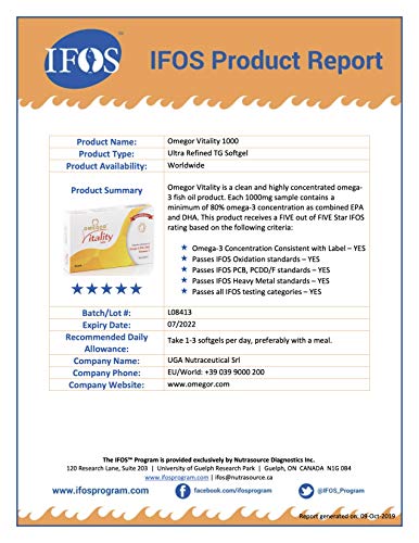 OMEGOR® Vitality 1000: ¡NUEVO con un 90% de Omega-3 TG! 5 * IFOS certificado desde 2006. EPA 535 mg y DHA 268 mg por perla. Min. Estructura 90% de triglicéridos y destilación molecular, 60 cps.