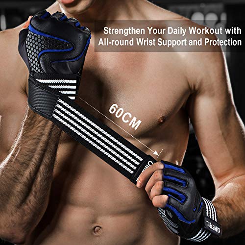 OMERIL Guantes Gimnasio para Hombre y Mujer, Gym Guantes Transpirable con Protección Completa de Muñeca y Palma, Antideslizante Guantes Crossfit para Levantamiento de Pesas, Musculación, Fitness - L