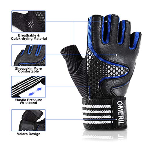 OMERIL Guantes Gimnasio para Hombres y Mujer, Gym Guantes Transpirable con Protección Completa de Muñeca y Palma, Antideslizante Guantes Crossfit para Levantamiento de Pesas, Musculación, Fitness - M