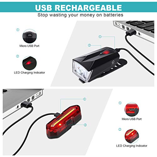 OMERIL Luces Bicicleta Delantera y Trasera Linterna Bicicleta Recargable, IP65 Resistente con 6 Modes, Bocina y Luz para Carretera y Montaña, Control Remoto