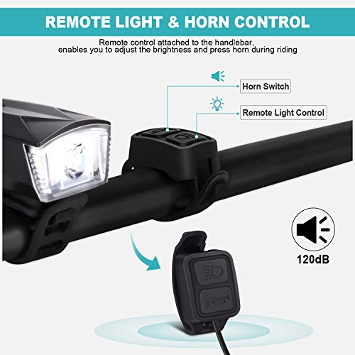 OMERIL Luces Bicicleta Delantera y Trasera Linterna Bicicleta Recargable, IP65 Resistente con 6 Modes, Bocina y Luz para Carretera y Montaña, Control Remoto