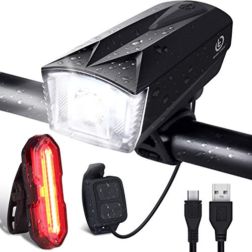 OMERIL Luces Bicicleta Delantera y Trasera Linterna Bicicleta Recargable, IP65 Resistente con 6 Modes, Bocina y Luz para Carretera y Montaña, Control Remoto