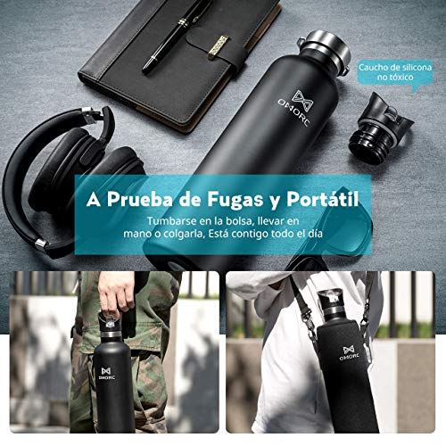 OMORC Botella Agua Acero Inoxidable, Aislada al Vacío de Doble Pared, Resistencia al Rayado, Funda Portátil al Gimnasio, Oficina, Ciclismo, Conserva Frío y Caliente Café, Fácil de Limpiar (1L Negro) OMORC Botella Agua Acero Inoxidable, Aislada al Vacío de Doble Pared, Resistencia al Rayado, Funda Portátil al Gimnasio, Oficina, Ciclismo, Conserva Frío y Caliente Café, Fácil de Limpiar (1L Negro)
