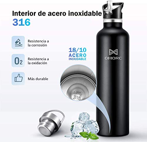 OMORC Botella Agua Acero Inoxidable, Aislada al Vacío de Doble Pared, Resistencia al Rayado, Funda Portátil al Gimnasio, Oficina, Ciclismo, Conserva Frío y Caliente Café, Fácil de Limpiar (1L Negro) OMORC Botella Agua Acero Inoxidable, Aislada al Vacío de Doble Pared, Resistencia al Rayado, Funda Portátil al Gimnasio, Oficina, Ciclismo, Conserva Frío y Caliente Café, Fácil de Limpiar (1L Negro)