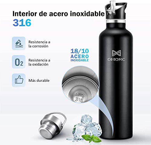 OMORC Botella Agua Acero Inoxidable, Aislada al Vacío de Doble Pared, Resistencia al Rayado, Funda Portátil al Gimnasio, Oficina, Ciclismo, Conserva Frío y Caliente Café, Fácil de Limpiar (1L Negro)