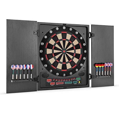 Oneconcept Dartmaster 180 - Diana automática, hasta 8 Jugadores, Rival Virtual con 5 Niveles, Display LED, 12 Dardos, Apoyo para Dardos, Punta de plástico, 27 Juegos, 2 Puertas, Negro