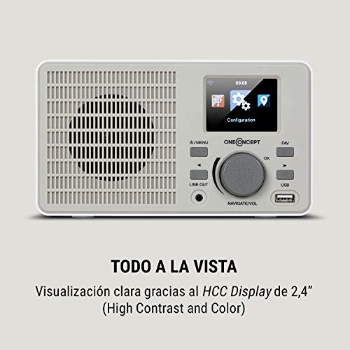 oneConcept TuneUp – Radio con Internet, WiFi, 5 W de Potencia, Control por la aplicación móvil AirMusic, Salida de línea, Pantalla a Color de Alto Nivel de Contraste (HCC) de 2,4", Blanco