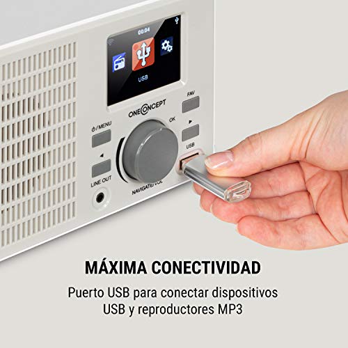 oneConcept TuneUp – Radio con Internet, WiFi, 5 W de Potencia, Control por la aplicación móvil AirMusic, Salida de línea, Pantalla a Color de Alto Nivel de Contraste (HCC) de 2,4", Blanco