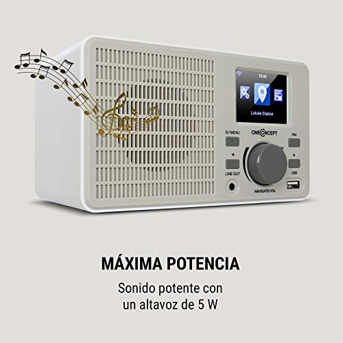 oneConcept TuneUp – Radio con Internet, WiFi, 5 W de Potencia, Control por la aplicación móvil AirMusic, Salida de línea, Pantalla a Color de Alto Nivel de Contraste (HCC) de 2,4", Blanco