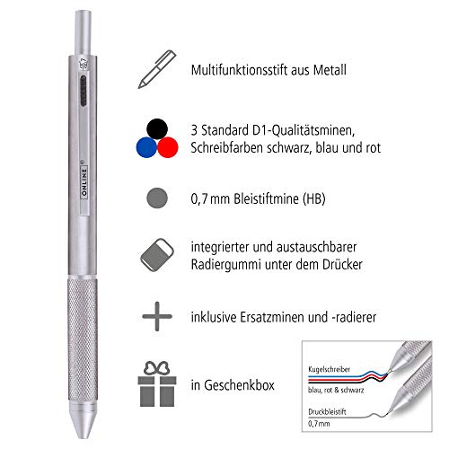 Online Multipen 4 en 1 plateado | Bolígrafo y lápiz multifunción de metal | 3 recambios de bolígrafo en azul, negro y rojo + 1 mina portaminas | Incluye goma de borrar en caja de regalo Online Multipen 4 en 1 plateado | Bolígrafo y lápiz multifunción de metal | 3 recambios de bolígrafo en azul, negro y rojo + 1 mina portaminas | Incluye goma de borrar en caja de regalo