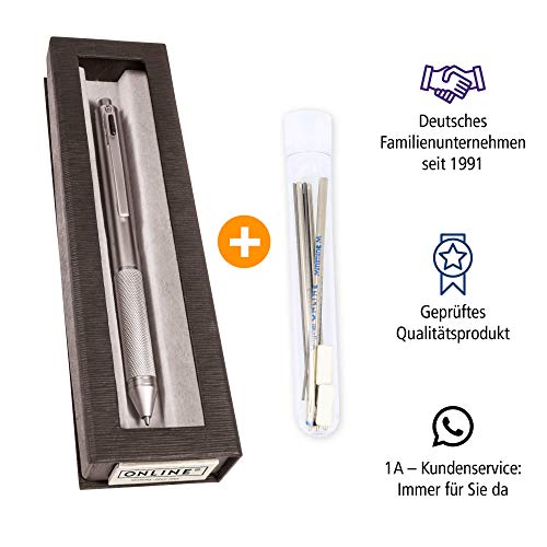 Online Multipen 4 en 1 plateado | Bolígrafo y lápiz multifunción de metal | 3 recambios de bolígrafo en azul, negro y rojo + 1 mina portaminas | Incluye goma de borrar en caja de regalo Online Multipen 4 en 1 plateado | Bolígrafo y lápiz multifunción de metal | 3 recambios de bolígrafo en azul, negro y rojo + 1 mina portaminas | Incluye goma de borrar en caja de regalo