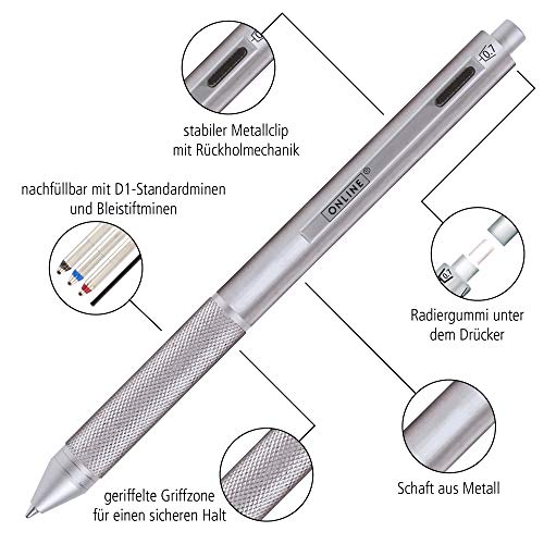 Online Multipen 4 en 1 plateado | Bolígrafo y lápiz multifunción de metal | 3 recambios de bolígrafo en azul, negro y rojo + 1 mina portaminas | Incluye goma de borrar en caja de regalo Online Multipen 4 en 1 plateado | Bolígrafo y lápiz multifunción de metal | 3 recambios de bolígrafo en azul, negro y rojo + 1 mina portaminas | Incluye goma de borrar en caja de regalo