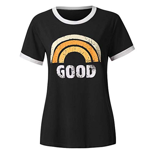 Onsoyours Mujer Good Vibes Camisa Manga Corta Arcoiris Impresión de Talla Adolescentes Blusa Camisa Cuello Redondo Basica Camiseta Suelto Verano Tops Casual Fiesta T-Shirt A Negro M