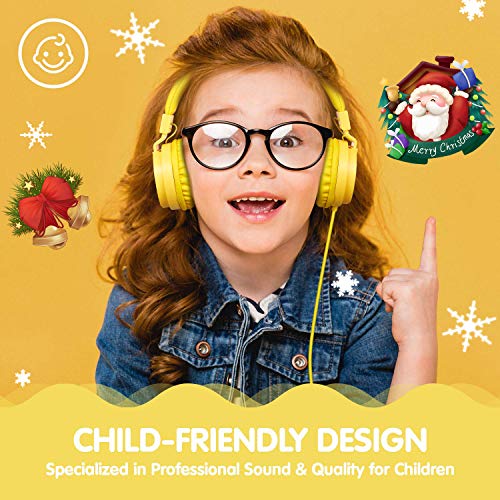 ONTA® Auriculares para Niños,Plegable Cómodos Auriculares Niños con Seguro Material,Auriculares Infantiles con Ligera Diadema,Estéreo Cerrados Cascos para Niños -Amarillo