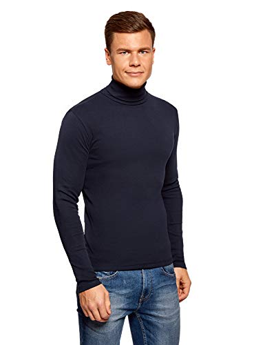 oodji Ultra Hombre Suéter de Cuello Alto Básico de Algodón, Azul, ES 44 / XS