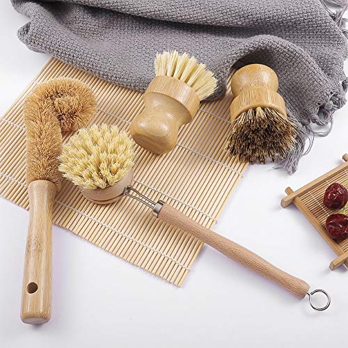 Opopark 4 PCS Cepillo para fregar platos de bambú natural - Hecho de bambú 100% natural - Cerdas naturales - Cepillo para fregar platos sin plástico