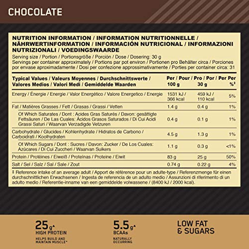Optimum Nutrition 100% Gold Standard Isolate, Proteina Whey Isolate en Polvo para Aumentar Masa Muscular, Proteina Isolada, Chocolate, 31 Porciones, 930 g