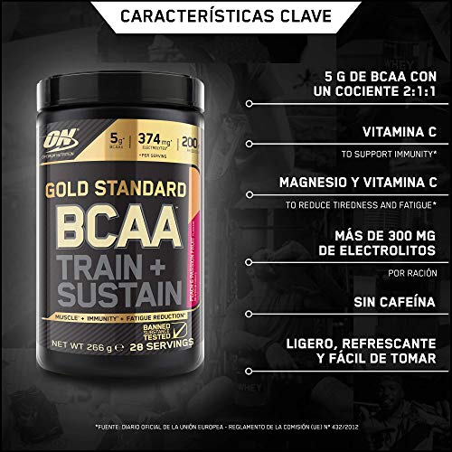 Optimum Nutrition Gold Standard BCAA Polvo, Suplementos Deportivos con Aminoacidos, Vitamina C, Zinc, Magnesio y Electrolitos, Melocotón y Fruta de la Pasión, 28 Porciones, 266g, Embalaje Puede Variar