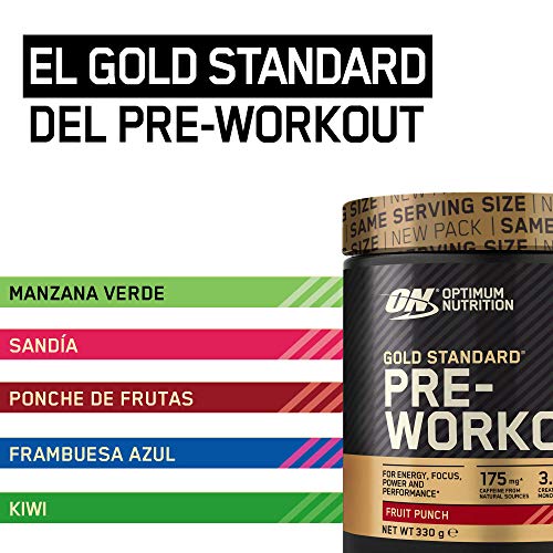 Optimum Nutrition Gold Standard Pre Workout en Polvo, Bebida Energética con Creatina Monohidratada, Beta Alanina, Cafeína y Vitamina B Complex, Fruit Punch, 30 Porciones, 330g, Embalaje Puede Variar