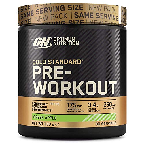 Optimum Nutrition Gold Standard Pre Workout en Polvo, Bebida Energética con Creatina Monohidratada, Beta Alanina, Cafeína y Vitamina B Complex, Manzana Verde, 30 Porciones, 330g, Embalaje Puede Variar