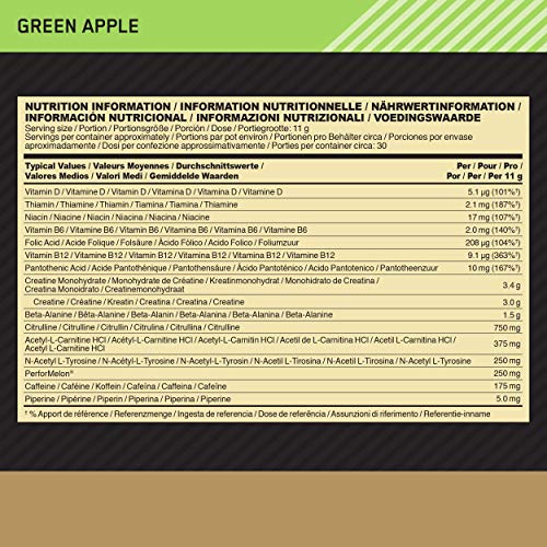 Optimum Nutrition Gold Standard Pre Workout en Polvo, Bebida Energética con Creatina Monohidratada, Beta Alanina, Cafeína y Vitamina B Complex, Manzana Verde, 30 Porciones, 330g, Embalaje Puede Variar