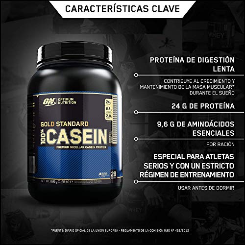 Optimum Nutrition ON 100% Gold Standard Casein, Proteínas en Polvo con BCAA Aminoacidos Ramificados y Esenciales, para recuperación, bajo en Azúcar, Galletas y Crema, 28 porciones, 0.9 kg