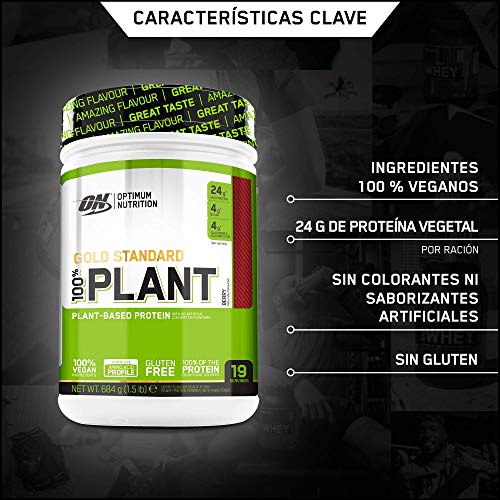 Optimum Nutrition ON 100% Plant Gold Standard, Proteína Vegana en Polvo, para Masa Muscular y Musculacion, fuente de Vitamina C y B12, Bayas, 19 porciones, 684 g