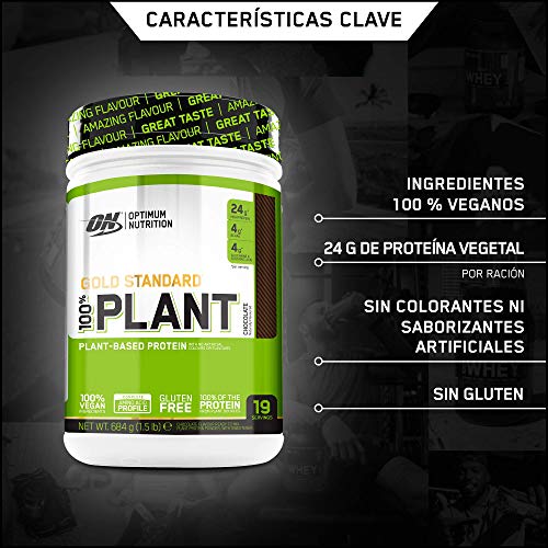 Optimum Nutrition ON 100% Plant Gold Standard, Proteína Vegana en Polvo, para Masa Muscular y Musculacion, fuente de Vitamina C y B12, Chocolate, 19 porciones, 684 g