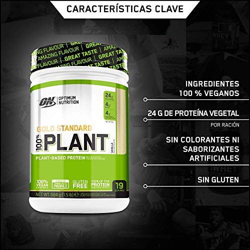 Optimum Nutrition ON 100% Plant Gold Standard, Proteína Vegana en Polvo, para Masa Muscular y Musculacion, fuente de Vitamina C y B12, Vainilla, 19 porciones, 684 g