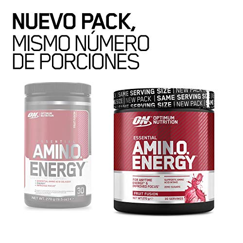 Optimum Nutrition ON Amino Energy Pre Workout en Polvo, Bebida Energética con Beta Alanina, Vitamina C, Cafeína, Aminoacidos Incluyendo BCAA, Fruit Fusion, 30 Porciones, 270 g, Embalaje Puede Variar