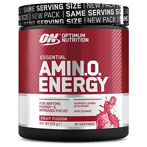 Optimum Nutrition ON Amino Energy Pre Workout en Polvo, Bebida Energética con Beta Alanina, Vitamina C, Cafeína, Aminoacidos Incluyendo BCAA, Fruit Fusion, 30 Porciones, 270 g, Embalaje Puede Variar