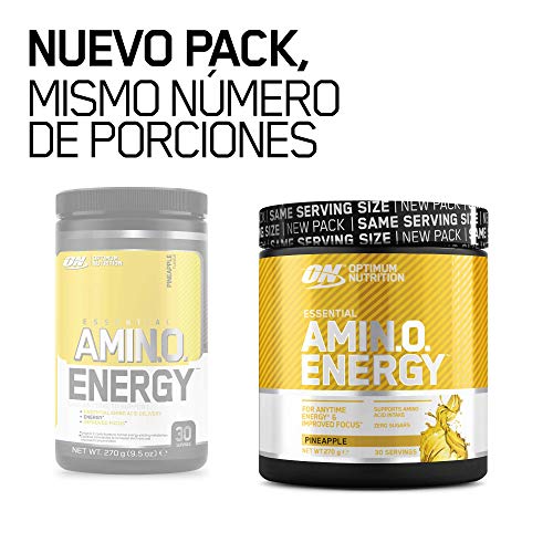 Optimum Nutrition ON Amino Energy Pre Workout en Polvo, Bebida Energética con Beta Alanina, Vitamina C, Cafeína, Aminoacidos Incluyendo BCAA, Piña, 30 Porciones, 270g, Embalaje Puede Variar