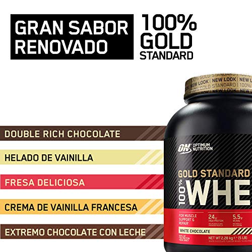 Optimum Nutrition ON Gold Standard 100% Whey Proteína en Polvo Suplementos Deportivos, Glutamina y Aminoacidos, BCAA, Chocolate Blanco, 76 Porciones, 2.28 kg, Embalaje Puede Variar