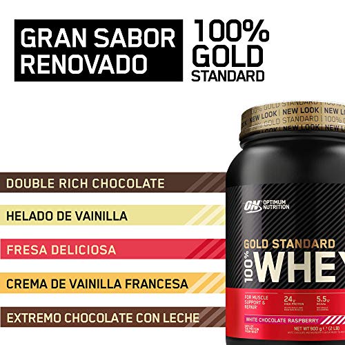 Optimum Nutrition ON Gold Standard 100% Whey Proteína en Polvo Suplementos Deportivos, Glutamina y Aminoacidos, BCAA, Chocolate Blanco y Frambuesa, 30 Porciones, 900 g, Embalaje Puede Variar