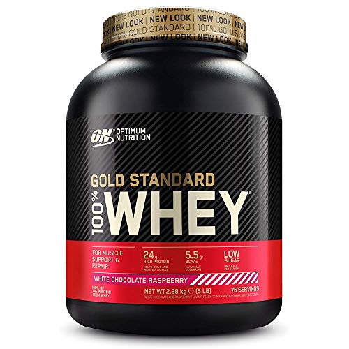 Optimum Nutrition ON Gold Standard 100% Whey Proteína en Polvo Suplementos Deportivos, Glutamina y Aminoacidos, BCAA, Chocolate Blanco y Frambuesa, 76 Porciones, 2.28 kg, Embalaje Puede Variar