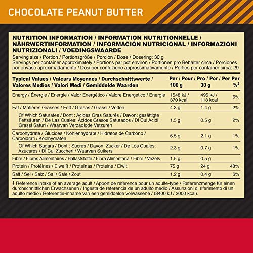 Optimum Nutrition ON Gold Standard 100% Whey Proteína en Polvo Suplementos Deportivos, Glutamina y Aminoacidos, BCAA, Chocolate Mantequilla de Cacahuete, 28 Porciones, 900g, Embalaje Puede Variar