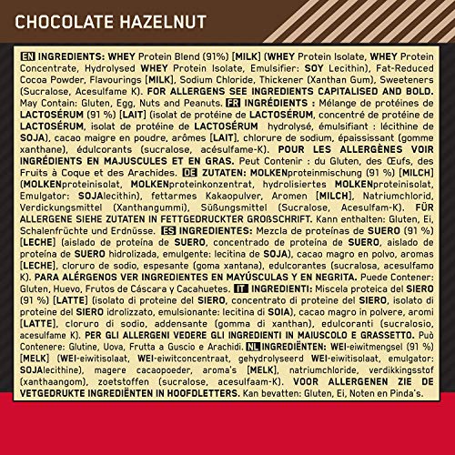 Optimum Nutrition ON Gold Standard 100% Whey Proteína en Polvo Suplementos Deportivos, Glutamina y Aminoacidos, BCAA, Chocolate y Avellana, 28 Porciones, 900g, Embalaje Puede Variar