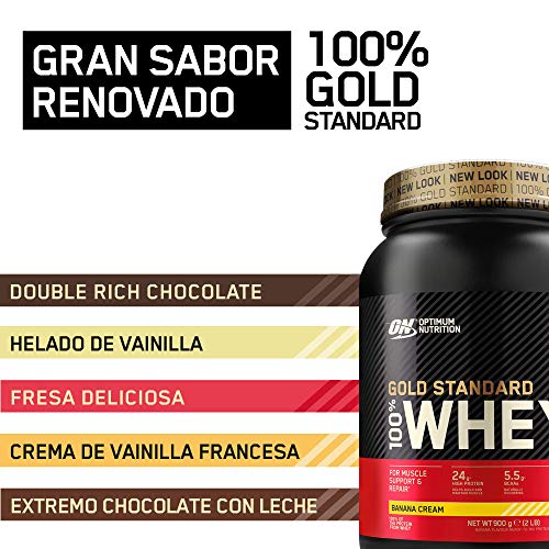 Optimum Nutrition ON Gold Standard 100% Whey Proteína en Polvo Suplementos Deportivos, Glutamina y Aminoacidos, BCAA, Crema de Plátano, 30 Porciones, 900g, Embalaje Puede Variar